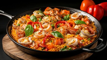 Fototapeta premium International cuisine ingredients seasonal concept. A vibrant dish of paella, featuring shrimp, red peppers, tomatoes, and fresh basil, served in a traditional pan on a wooden board.