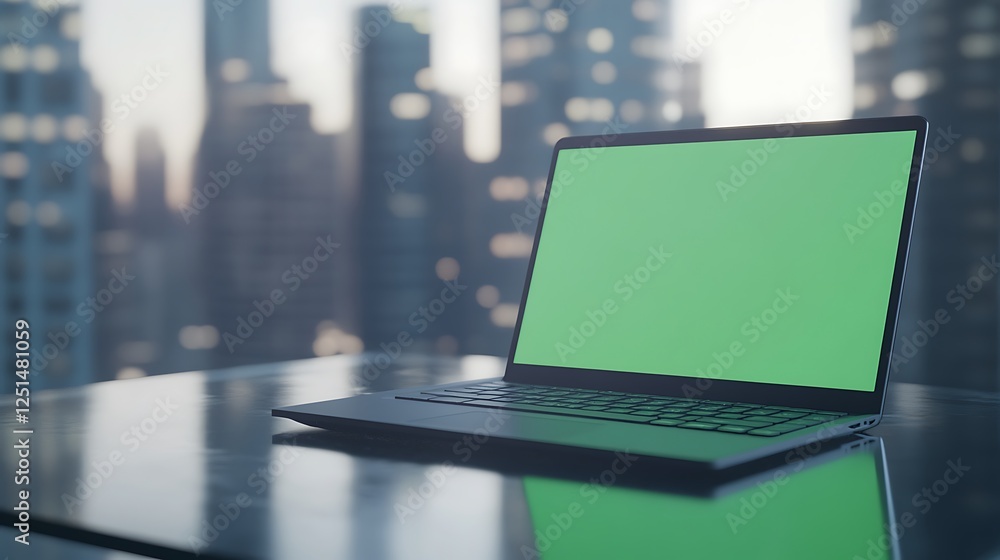 Poster a stylish laptop with a green screen on a desk, ideal for tech and workspace imagery.