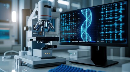 Advanced genetics lab featuring high-tech equipment, including microscope and computer with AI-driven CRISPR technology, futuristic setup showcases groundbreaking research in biology gene editing.