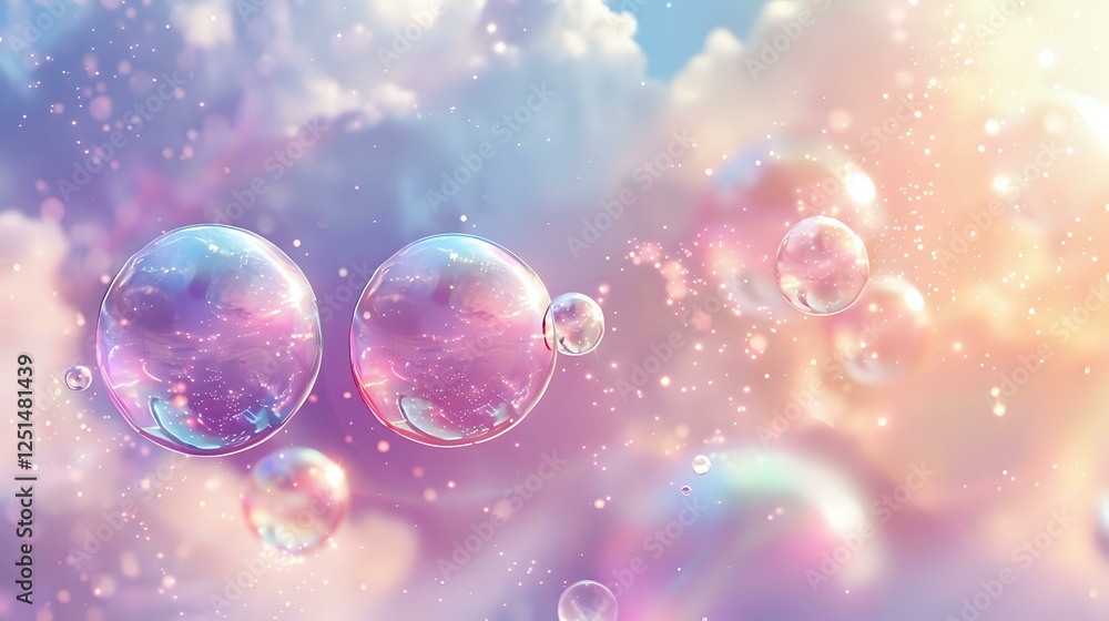 Poster magical soap bubbles floating in dreamy pink and blue sky with sparkles and bokeh lights creating et