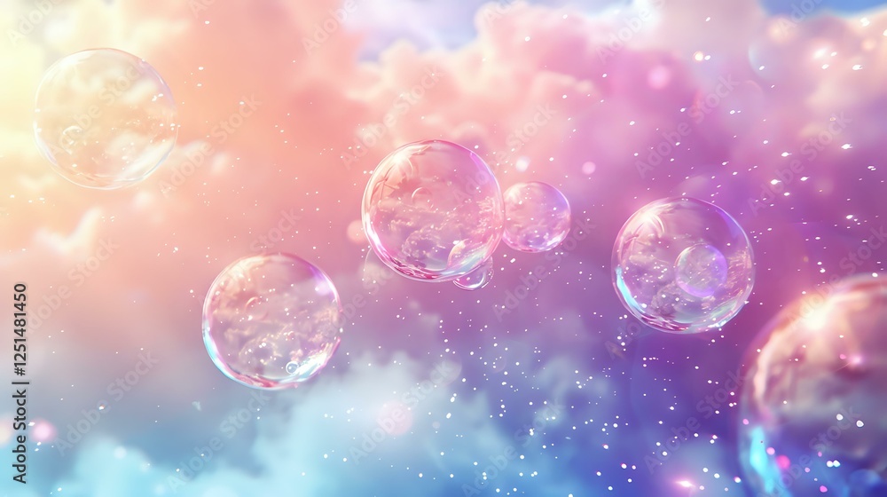 Poster magical soap bubbles floating in dreamy pink and blue sky with sparkling bokeh lights and ethereal c