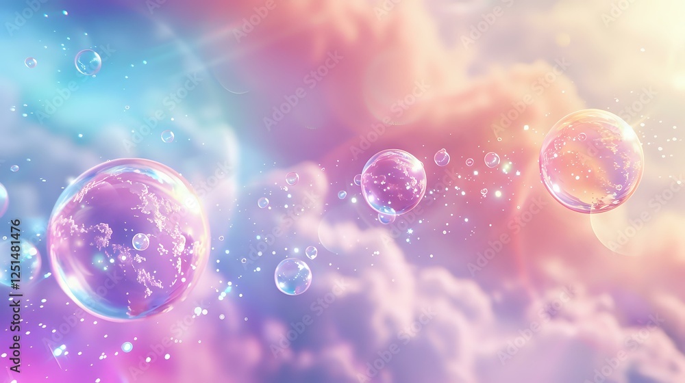 Poster magical glowing soap bubbles floating in dreamy pink and blue sky with ethereal clouds and sparkling