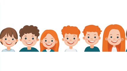 Cartoon children faces, horizontal row, happy expression, friendly, background white, for education, web, social media