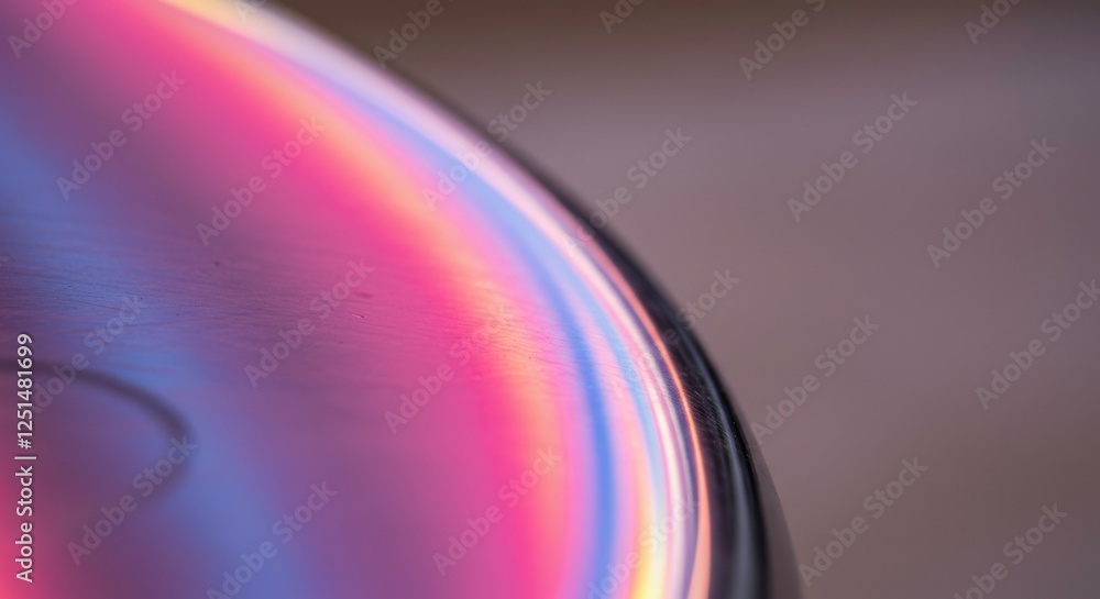 Poster chromatic reflections: abstract close-up of a metallic surface reflecting a vibrant spectrum of pink