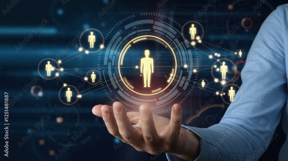 Poster networking and connection in the digital age, visualized by a hand holding a futuristic network of i