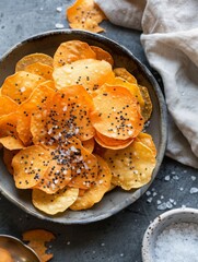 Quinoa chips sprinkled with cumin and sea salt served in a rustic bowl on a textured surface