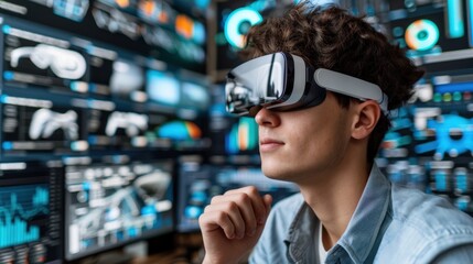 Young man wearing virtual reality headset surrounded by digital screens displaying performance data in high-tech training facility, representing advanced simulations driven athletic analysis tools.