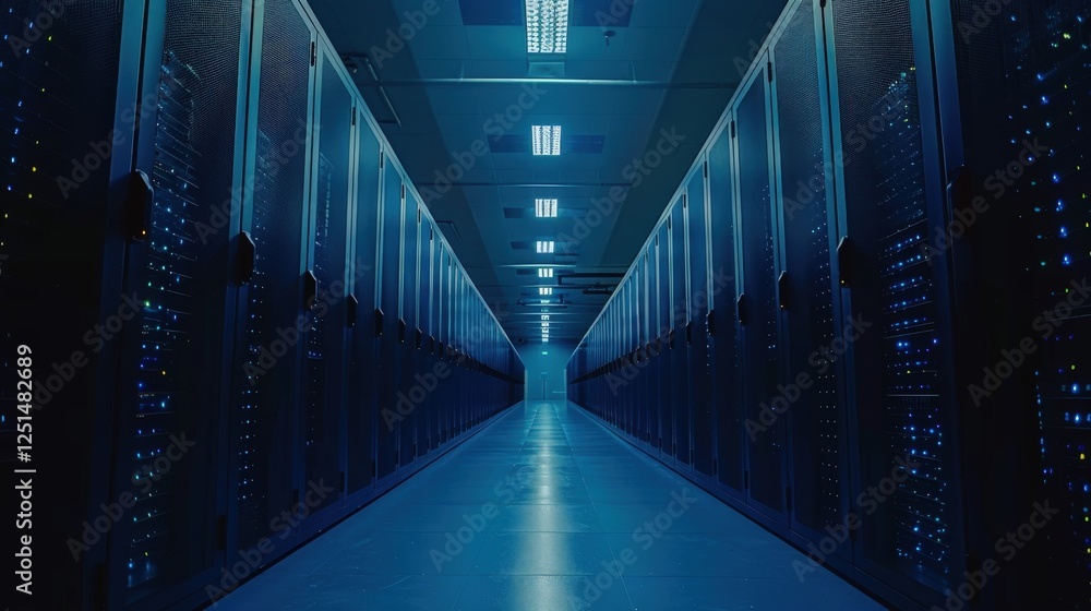 Poster dimly lit server room featuring rows of sleek blue server racks with flickering indicator lights, hi