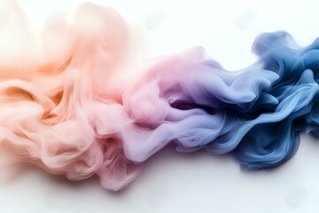 Fototapeta premium Ethereal flowing smoke in pastel coral, pink and navy blue colors creates dreamy abstract art composition on white background. Suitable for creative design projects.