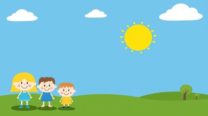 Cartoon children outdoors sunny day. Use Children's book illustration