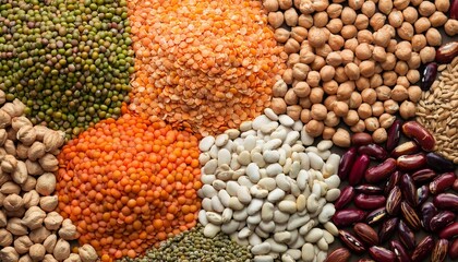 A colorful, high-resolution background featuring a top-down view of an artistic arrangement of lentils, chickpeas, beans, and peas forming a vibrant pattern