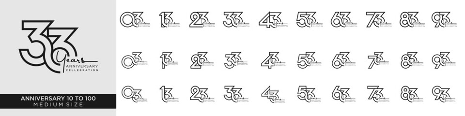 collection anniversary 13 to 93 year, creative number design vector illustration.