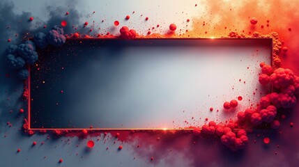 The image features a rectangular frame bordered by vibrant red and black colors, with floating red particles, creating an eye-catching visual effect.