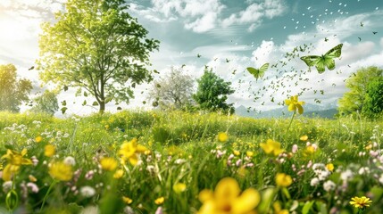 Vibrant meadow filled with blooming yellow flowers, fluttering butterflies, lush trees under bright sky, representing biodiversity, environmental monitoring with advanced tools for conservation.