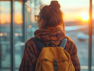 Obraz premium A woman with a backpack, walking away on a journey.
