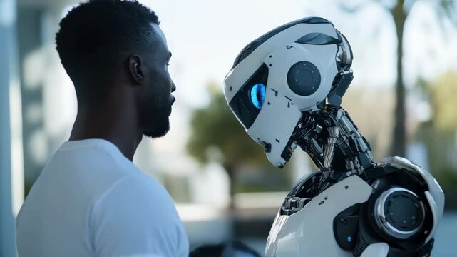 Encounter between human and robot in futuristic setting exploring technology and innovation