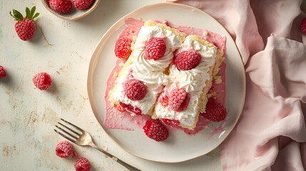 Delicious raspberry cake on a plate, adorned with cream, inviting a sweet indulgence, alongside loose raspberries.