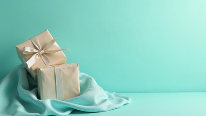 Elegant beige gift boxes with ivory ribbons nestled on a soft teal fabric against a pale aqua backdrop