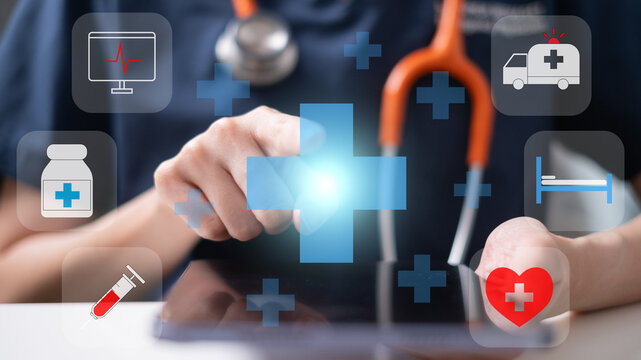 Professional health care worker doctor stethoscope medicine ambulance ekg icon concept