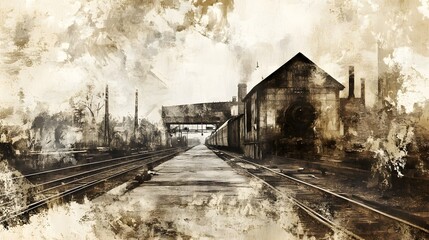 Fototapeta premium Abandoned Train Station in the Countryside with Weathered Structures and Derelict Tracks