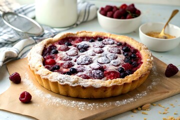 Lush homemade yeast pie with berries, sprinkled with powdered sugar