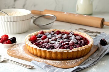 Lush homemade yeast pie with berries, sprinkled with powdered sugar