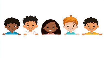 Diverse children peeking over blank banner, representing unity and diversity, for educational use