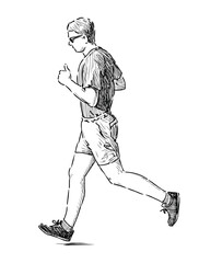 Fototapeta premium Sketch of casual young city man in sunglasses on healthy jogging outdoors, realistic hand drawn illustratin vector isolated on white