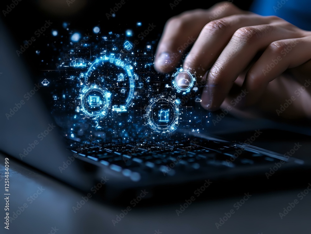 Poster hands typing on laptop keyboard with glowing blue digital transformation icons and network connectio