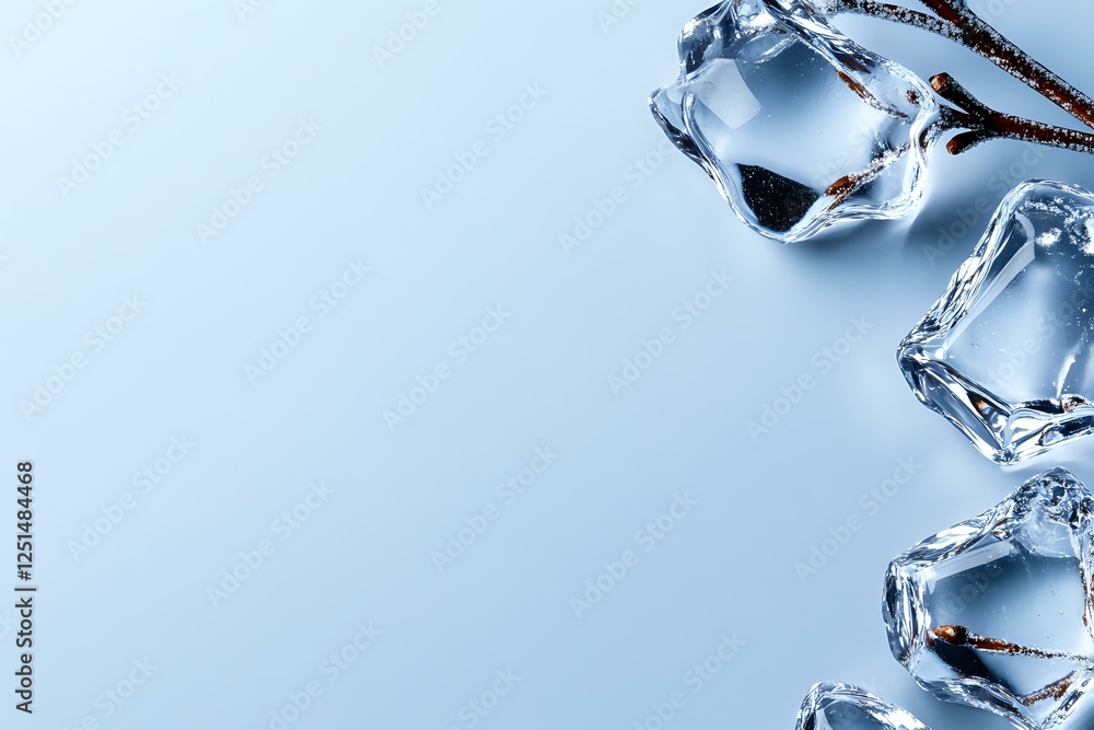 Poster clear ice cubes with sharp edges and crystalline structure arranged on light blue background with co