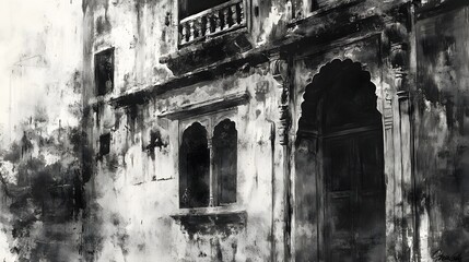 Obraz premium Abandoned Weathered Brick and Stone Facade of Historic Derelict Building