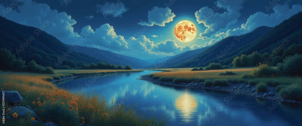 Poster a large moon is reflected in the water of a river. the sky is cloudy and the mountains in the backgr