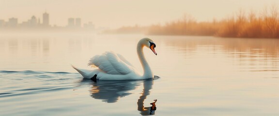 Obraz premium A swan is swimming in a lake. The swan is white and has a black tail. The lake is calm and peaceful