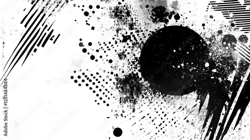 Aufkleber abstract black and white minimalist graphic design with splatters dots and geometric shapes