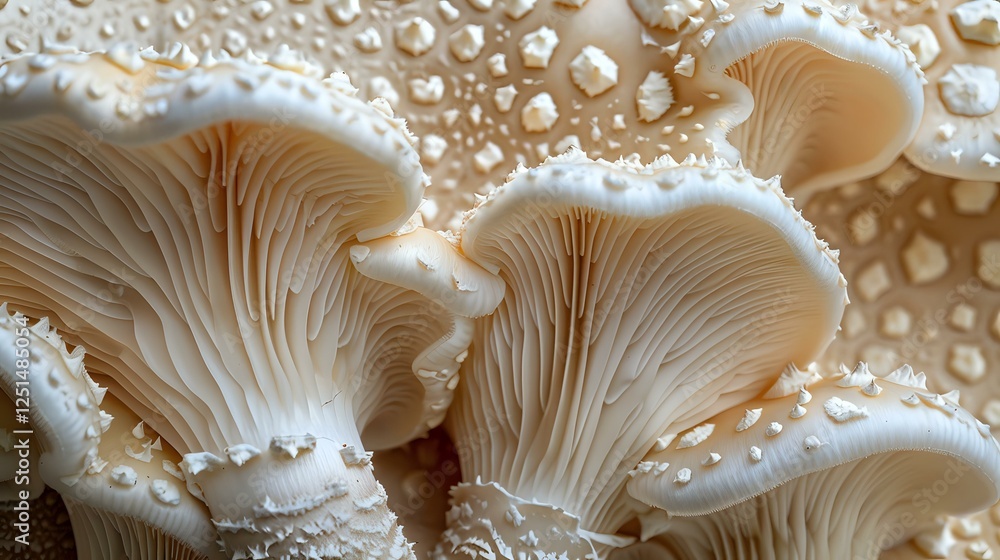 Poster fresh oyster mushrooms in macro view showing delicate gills and textured surface with water droplets