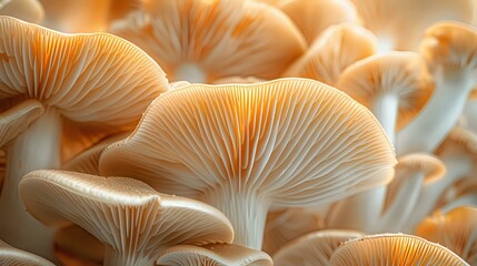 Delicate orange oyster mushrooms growing in cluster with detailed gills and caps texture, macro photography showing natural patterns in soft lighting.