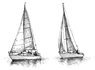 Sketches of two sailing yachts under sails in sea travel, realistic hand drawings, vector illustration isolatd on white