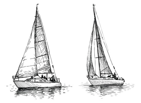 Sketches of two sailing yachts under sails in sea travel, realistic hand drawings, vector illustration isolatd on white