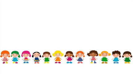 Children cartoon characters diverse row, colorful clothes, white background, possible use for children's book or design