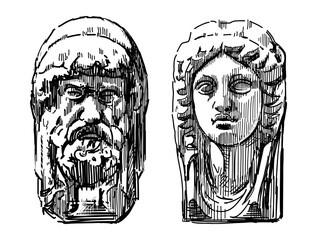 Sketches of vintage artistic architectural details, sculpture masks, couple stone male female faces, two heads, vector hand drawn illustration isolated on white