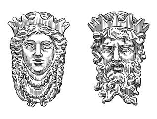 Sketches of vintage artistic architectural details, sculpture masks, couple stone male female faces, two royal heads in crowns, vector hand drawn illustration isolated on white