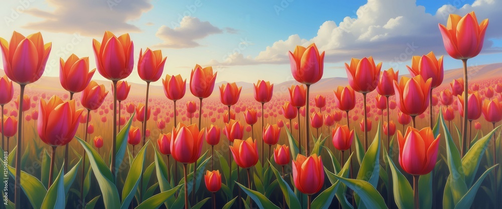 Poster a beautiful field of red tulips with a blue sky in the background. the field is filled with a large 