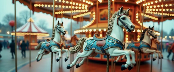 A merry-go-round with four horses on it. The horses are white and brown. The merry-go-round is in a park