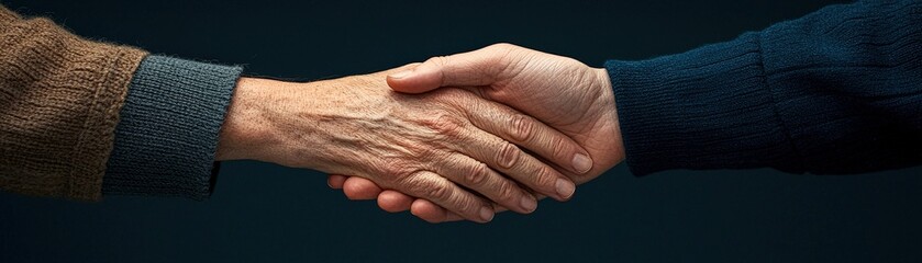 Fototapeta premium Two hands shake in a gesture of agreement, symbolizing partnership, trust, and collaboration against a dark background.