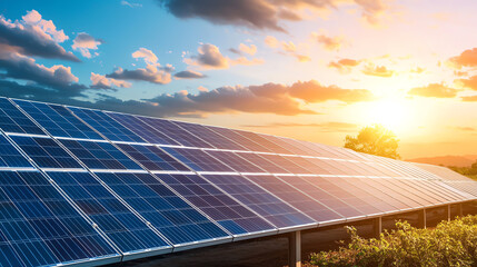 Modern solar farm with aligned panels reflecting sunlight at sunset