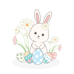 Cute Bunny with flowers and Easter egg illustration