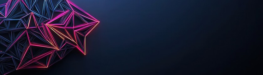 A vibrant abstract design featuring geometric shapes in pink and purple hues against a dark background, conveying a sense of modernity and technology.