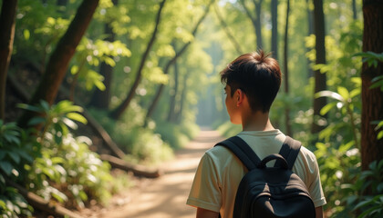Journey through a sunlit forest path with a young explorer carrying a backpack on a warm afternoon