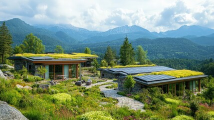 A house with a green roof sits on a hillside with a view of mountains