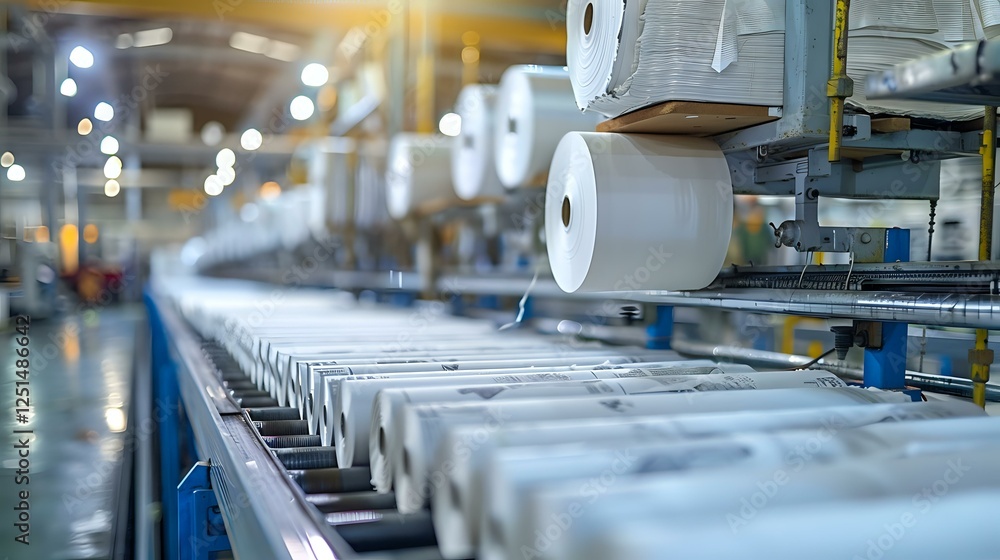 Poster industrial paper roll manufacturing production line with automated conveyor system and large white p